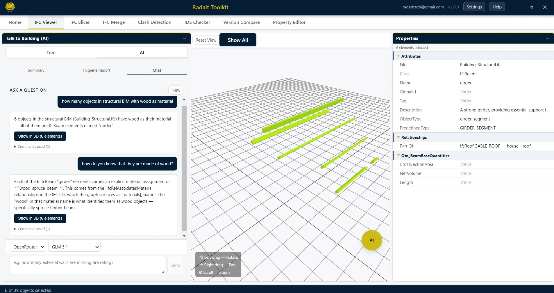 TTB AI chat answering a material question with the six matching beams isolated in the 3D viewer